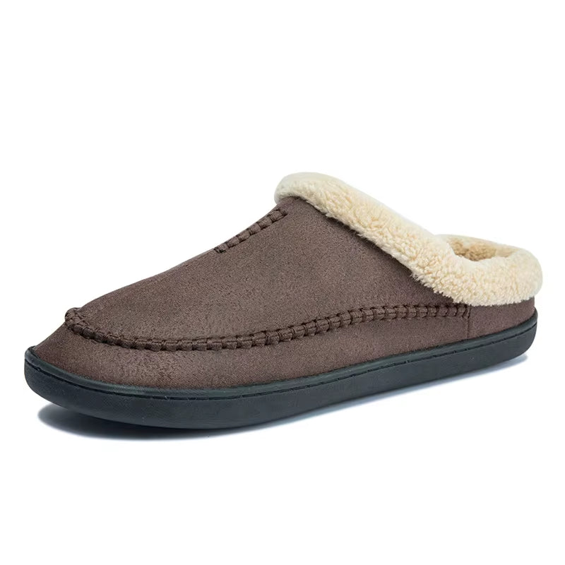 Men'S Slippers Home Winter Indoor Plush Warm Shoes Thick Bottom Plush Waterproof Leather House Slippers Man Suede Cotton Shoes